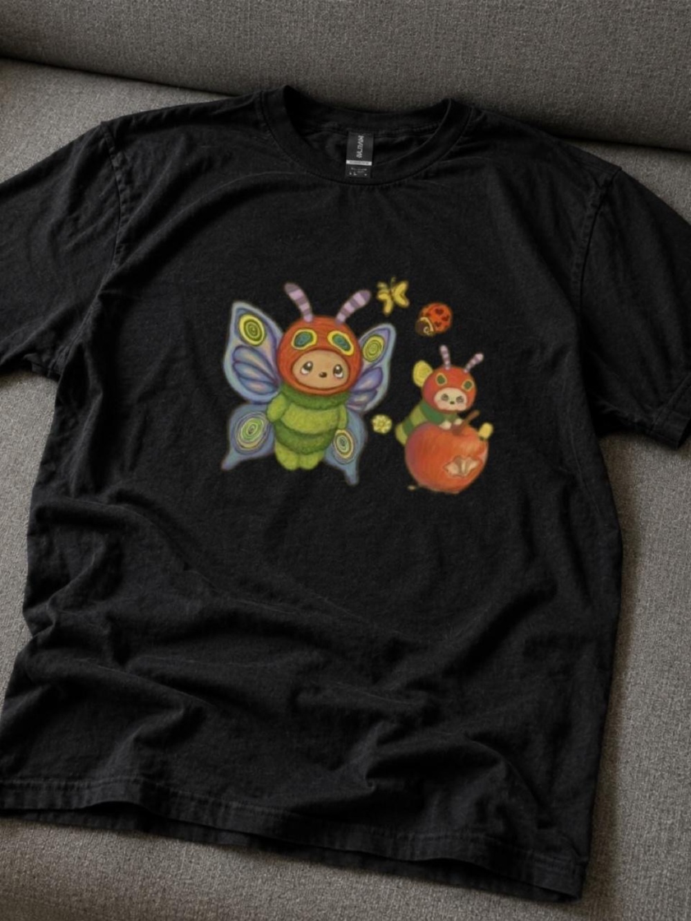 Gildan Black Tee with Colorful Bug Characters